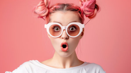 Surprised Young Woman with Pastel Pink Hair and White Glassesの素材