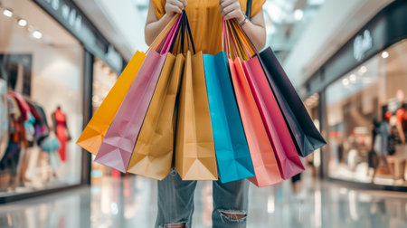 Person Carrying Multiple Colorful Shopping Bags in Mallの素材