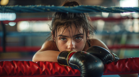 Determined Young Female Boxer Resting on Boxing Ring Ropesの素材