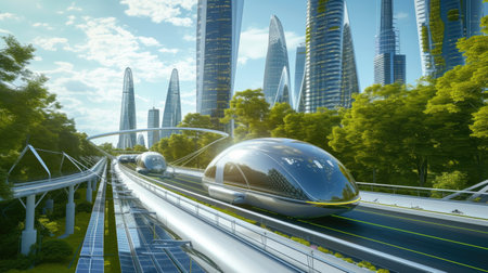 Futuristic Pod Car on a Green Elevated Track in a Sustainable Cityの素材