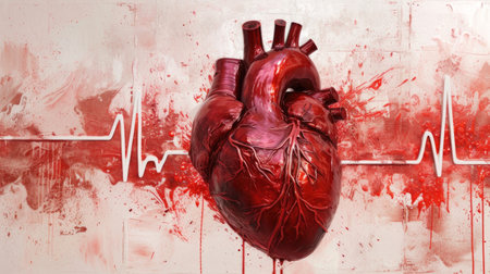 Artistic Concept of a Human Heart with EKG Pulse Painted on Canvasの素材