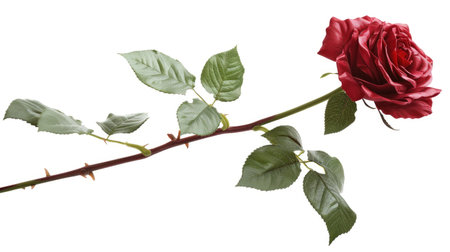 Single Red Rose with Thorns Isolated on a White Backgroundの素材