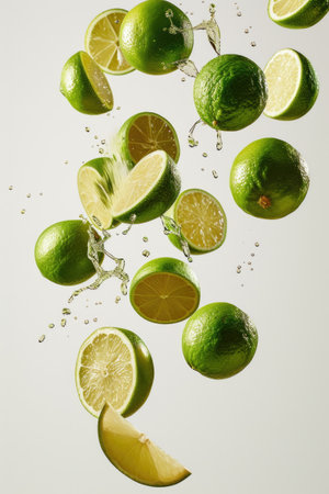 Creative Composition of Sliced Limes Floating in the Airの素材