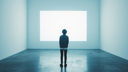 Person Contemplating a Blank Projection Screen in Minimalist Roomの素材
