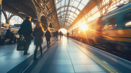 Golden Hour Commute: Busy Train Station with People Walking and Sunlight Streaming Throughの素材
