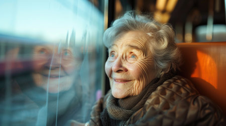 Elderly Woman Reflecting on a Train Journeyの素材