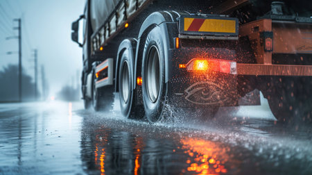 Monsoon Transport: Heavy Truck Driving on Wet Highway During Rainfallの素材