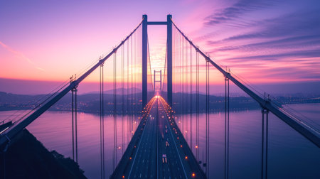 Twilight Illumination: Majestic Suspension Bridge with Glowing Lights Reflecting on Waterの素材