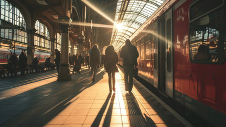 Golden Hour Commute: Busy Train Station with People Walking and Sunlight Streaming Throughの素材