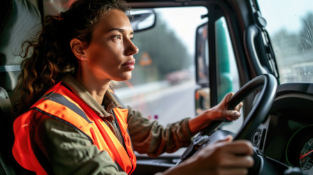 Focused Female Truck Driver at the Wheel in High-Visibility Jacket During Shiftの素材