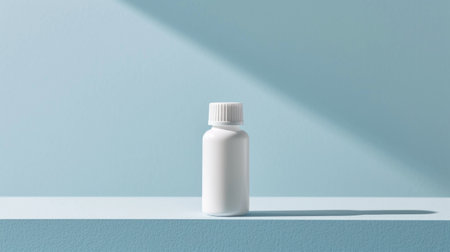 Minimalist White Medicine Bottle on a Pale Blue Shelf with Shadowsの素材