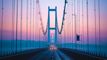Twilight Illumination: Majestic Suspension Bridge with Glowing Lights Reflecting on Waterの素材