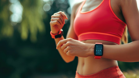 Fitness Enthusiast Checking Heart Rate on Smartwatch Outdoorsの素材