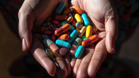 Hands Holding a Variety of Medication Pillsの素材