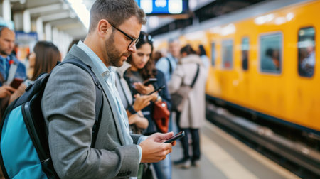 Commuter Using Smartphone at Train Station Platformの素材