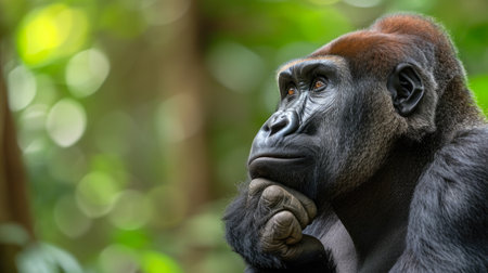 Thoughtful Gorilla Contemplating with Hand on Mouth in Natural Habitatの素材