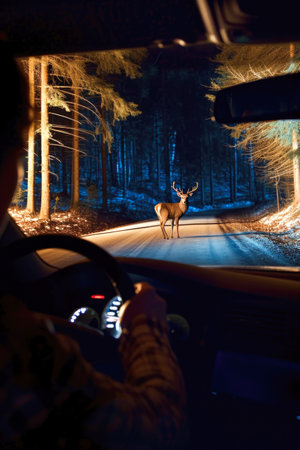 Deer Caught in Car Headlights on a Forest Road at Nightの素材