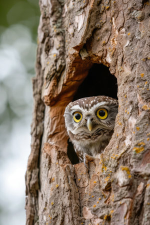 Secretive Owl: Camouflaged Peek from Ancient Treeの素材
