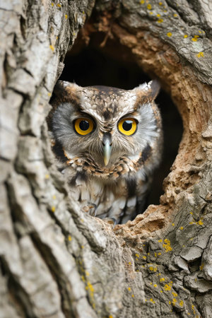 Secretive Owl: Camouflaged Peek from Ancient Treeの素材
