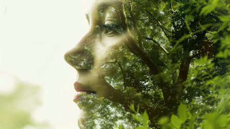 Woman with Nature's Silhouette: Creative Double Exposure Portraitの素材