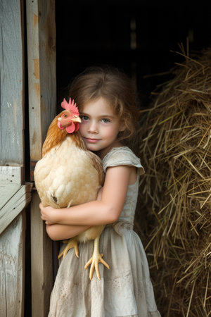 Young Girl Embracing a Chicken: Country Life and Animal Friendshipの素材