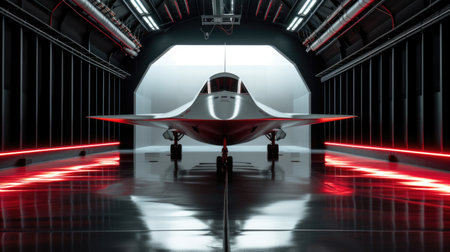 Futuristic Fighter Jet in a High-Tech Hangarの素材