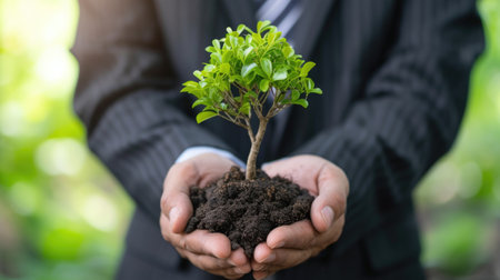 Environmental Responsibility in Business: Businessman Holding a Small Treeの素材