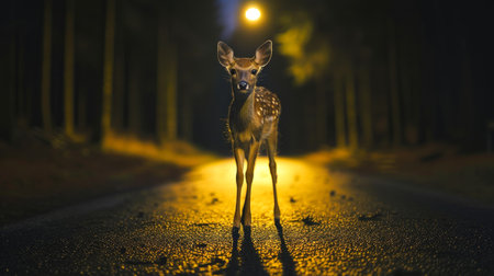 Curious Young Deer on a Dark Forest Path at Nightの素材
