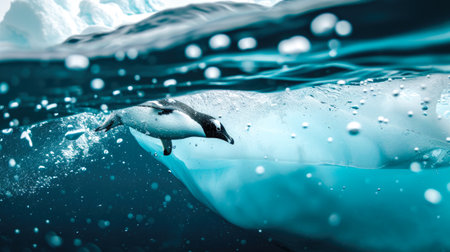Underwater View of a Penguin Swimming with Bubblesの素材