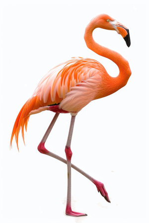 Graceful Pink Flamingo Standing on One Leg Isolated on White Backgroundの素材