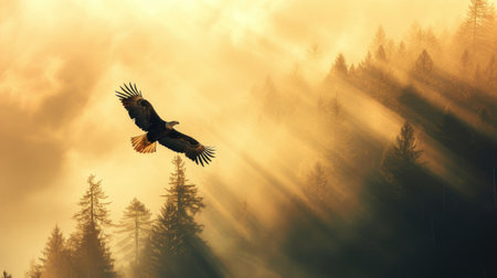 Majestic Eagle Soaring Over Misty Forest: Wild Bird in Natural Habitatの素材