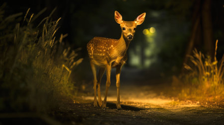 Curious Young Deer on a Dark Forest Path at Nightの素材