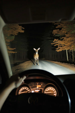 Deer Caught in Car Headlights on a Forest Road at Nightの素材