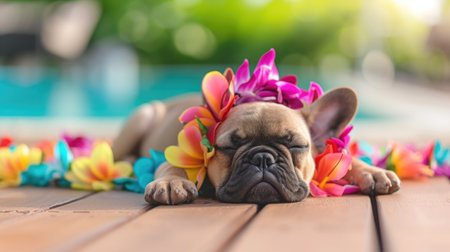 Sleeping French Bulldog Puppy Adorned with Colorful Flowers: Cute Pet Photographyの素材