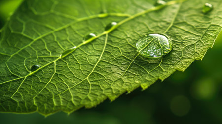 Macro Shot of Water Droplet on Green Leaf: Nature's Detail and Purityの素材
