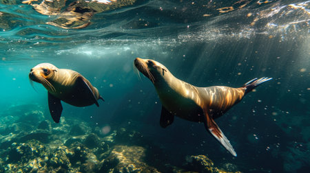 Graceful Sea Lions Gliding Underwater with Sunlight Beaming Throughの素材