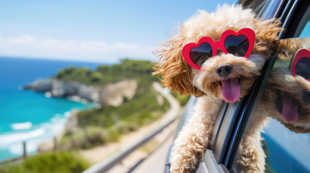 Happy Dog with Heart-Shaped Sunglasses Enjoying a Car Rideの素材