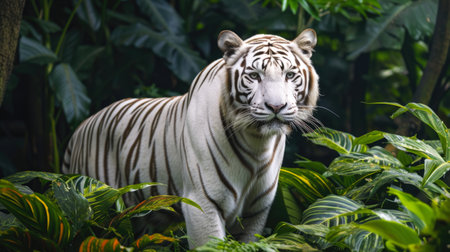 Majestic White Tiger with Black Stripes Standing in Lush Greeneryの素材