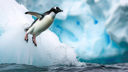 Penguin Leaping from Water Against Iceberg Backgroundの素材