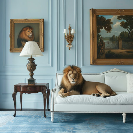 Majestic Lion Lounging on Elegant White Sofa in Classic Blue Roomの素材