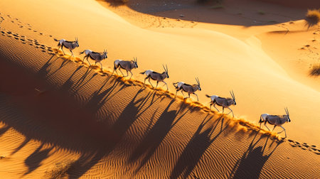 Oryx Herd Running Across a Desert Dune in Dramatic Lightの素材