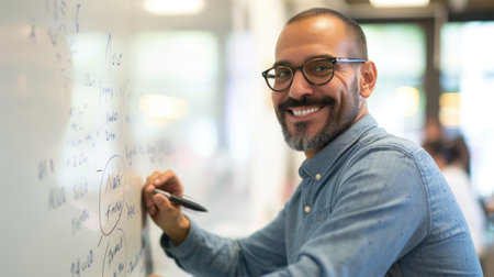 Smiling Professional Writing on Whiteboardの素材