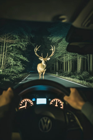 Deer Caught in Car Headlights on a Forest Road at Nightの素材