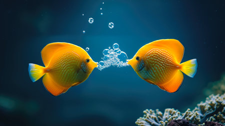 Two Yellow Tang Fish Blowing Bubbles Underwaterの素材