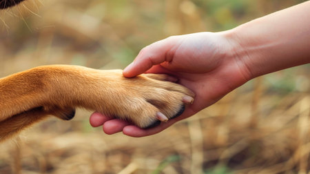 Human Hand Gently Holding a Dog's Pawの素材