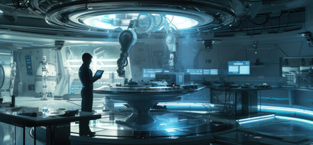 High-Tech Futuristic Research Laboratory with Holographic Displays and Robotic Armsの素材