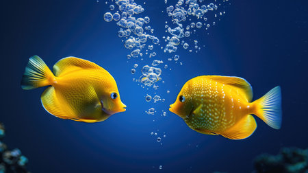 Two Yellow Tang Fish Blowing Bubbles Underwaterの素材