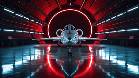 Futuristic Fighter Jet in a High-Tech Hangarの素材
