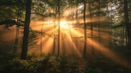 Mystical Sunrise over Foggy Forest Landscapeの素材