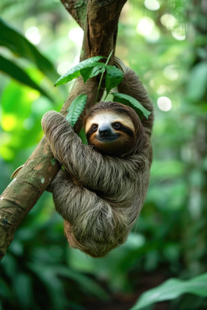 Serene Sloth Clinging to a Tree in Lush Greeneryの素材